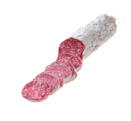 slices of Spanish Fuet thin dried salami sausage isolated 