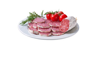 fuet sausage on a white plate with peppercorns  isolated 