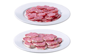 fuet sausage cut in slices on a white plate isolated 