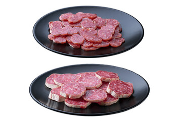 fuet sausage cut in slices on a black plate isolated 