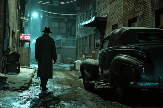 A solitary person clad in a long coat and fedora walks away down a snow-dusted alley. An old car is parked beside the brick buildings. Generative AI