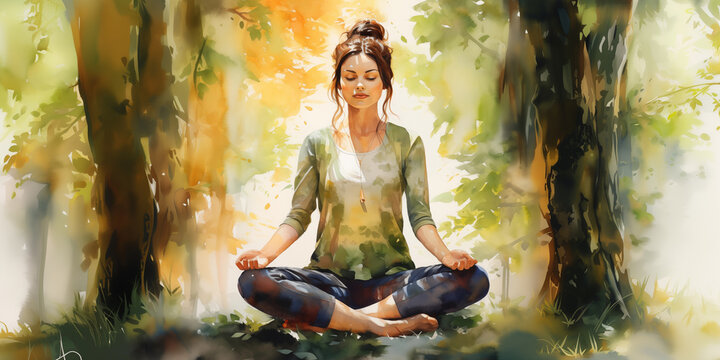 A young girl is sitting in meditation with her legs crossed and her eyes closed on the grass among the trees. Summer, watercolor. The illustration evokes calmness and connection with nature.