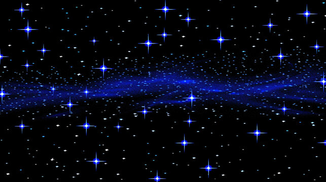 Abstract neon pattern with blue shining stars on black background. 80s and 90s retro style. Night сlub. Vintage arcade computer game or old cinema effect. Backdrop for card, banner, wallpaper 
