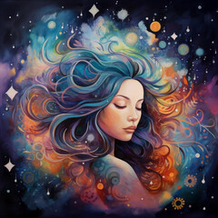 A girl meditating with closed eyes and flowing hair against a cosmic background with nebulae. Close-up. Colorful illustration capturing the serenity and beauty of meditation amidst the cosmic wonders.
