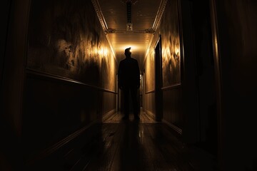 A man is walking down a dimly lit hallway, surrounded by shadows and darkness, creating an eerie atmosphere. Generative AI