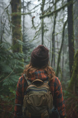 Fototapeta na wymiar A woman in a plaid jacket and beanie contemplates the serene mist of a dense, mossy forest