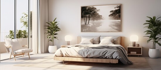 A simple bedroom featuring a bed with white bedding and a painting hanging on the wall. The room is filled with natural light from a window, creating a cozy atmosphere.