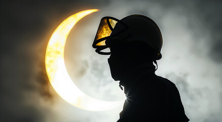 silhouette of a person with helmet in the night