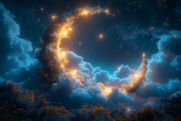 A celestial Easter wreath featuring moon and star motifs, with a backdrop of a galaxy and shimmering aurora borealis. - obrazy, fototapety, plakaty