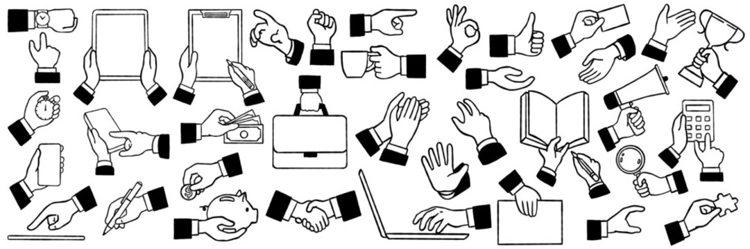 Big set of businessman's hands, gesture with various objects, time, coffee cup, smartphone, business concept. Outline, linear, thin line art, hand drawn sketch, black and white ink style.