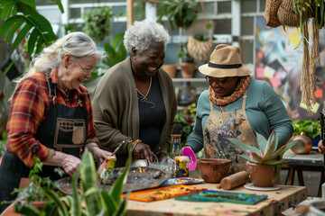 A joyful group of senior friends engage in gardening activities, sharing laughter and stories in a greenhouse setting
