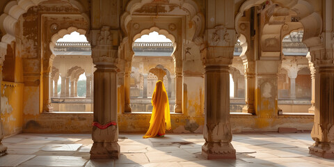 A woman draped in a bright yellow sari walks through the sunlit arches of an ancient Indian palace - Powered by Adobe