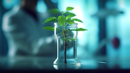 
Refreshing plant cutting in water with laboratory backdrop. A crisp image capturing a plant cutting thriving in water, set against a blurred laboratory setting, ideal for topics on plant propagation  - obrazy, fototapety, plakaty