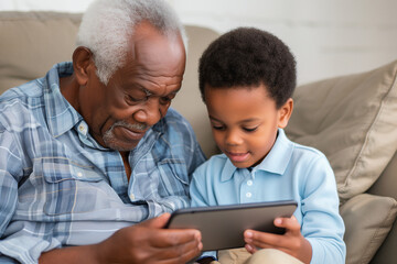 A senior man and a young boy, likely grandfather and grandson, engaged with a digital tablet on a sofa