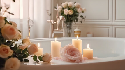 Fototapeta na wymiar Tranquil spa setting with candles and roses. A serene spa ambiance featuring lit candles and delicate roses around a bathtub, perfect for wellness retreats and bathroom decor inspiration.