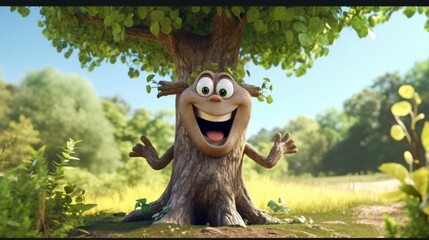 A cute cartoon english oak tree character Ai Generative