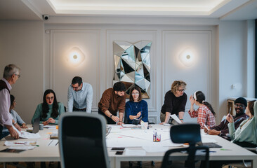 A focused group of professionals collaborates around a table during a business strategy session in...