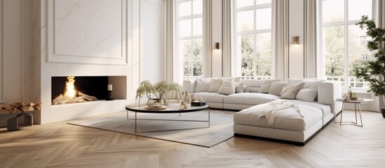 A modern luxury living room with a white couch and a fireplace. The room is bright, with large windows, white walls, wooden floors, and a dark marble fireplace.