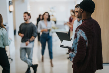 Diverse group of businesspeople in informal attire conversing and walking in an office corridor, depicting a relaxed workplace culture.