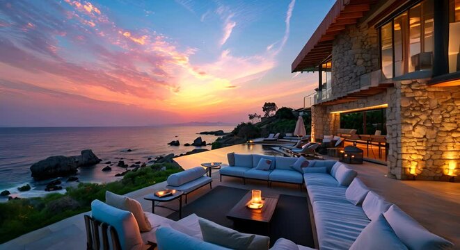 a living room with a view of the ocean