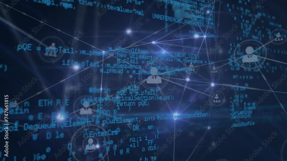 Poster animation of network of connections with icons and data over dark backgorund