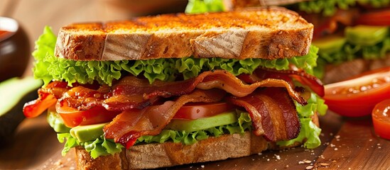 A tasty sandwich made with bacon, lettuce, and tomato, placed on a cutting board.