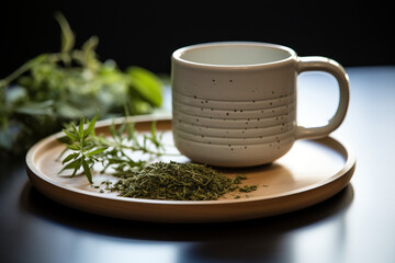 Envision a minimalist herbal tea, brewed with just one type of herb and served in a simple ceramic teacup, offering a soothing and refreshing beverage option.