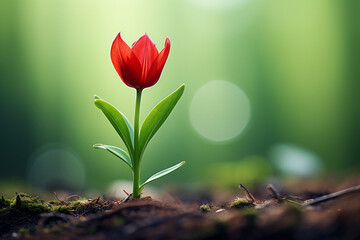 Picture a solitary tulip standing tall amidst a sea of green, its vibrant color contrasting against the simplicity of nature's awakening in spring. - obrazy, fototapety, plakaty