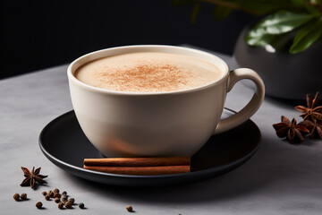 Envision a minimalist chai latte, brewed with just a few simple spices and a splash of creamy milk, served in a classic ceramic mug with no added adornments.