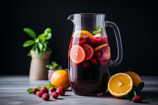 Picture a minimalist sangria, featuring just a few slices of ripe fruit and a splash of red wine served in a clean, modern pitcher, offering a refreshing.