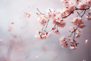 Visualize the delicate petals of a cherry blossom gently falling to the ground, their fleeting beauty captured in the minimalist elegance of springtime's arrival.