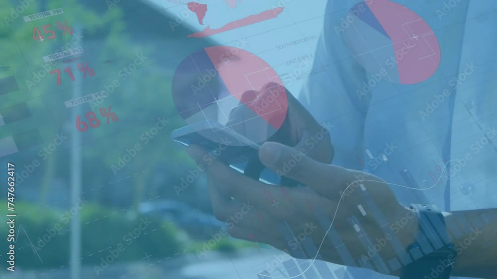 Aufkleber animation of financial data processing over caucasian businessman using smartphone