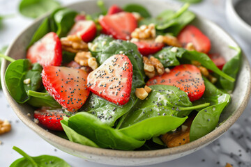 Healthy strawberry spinach salad with walnut toppings