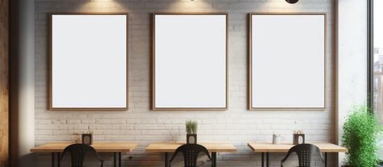 In a modern cafe interior, a row of tables is neatly positioned next to a white brick wall. Three blank vertical posters act as mockups for potential advertisements or decor. - obrazy, fototapety, plakaty