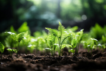 Envision a cluster of fresh green ferns unfurling in a shaded forest, their simple yet elegant fronds symbolizing the renewal and growth of spring in minimalist portrayal. - obrazy, fototapety, plakaty