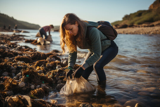 Activists organizing a community clean-up event along a polluted coastline, removing trash and debris to protect marine life and preserve the beauty of the natural environment.