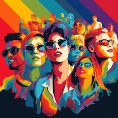Pop art illustration of stylish young diverse people with Pride flag rainbow background positive emotion, bold colors and dynamic energy Pride fest march concepts, gay lesbian rights