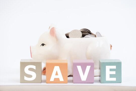 The word save on a piece of wood and money coins in a piggy bank isolated on white background.saving money concept.