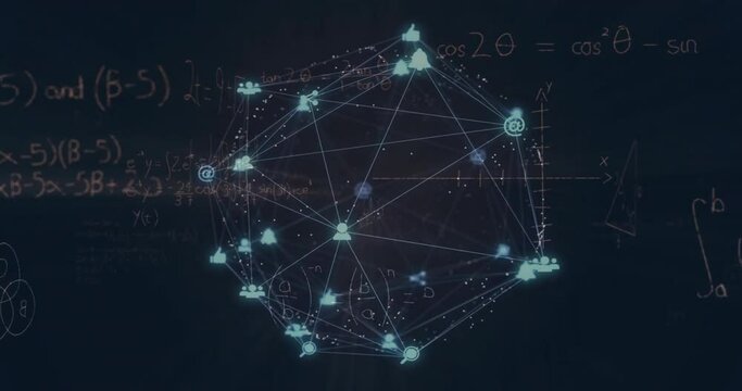 Animation of network of connections and data processing over dark background