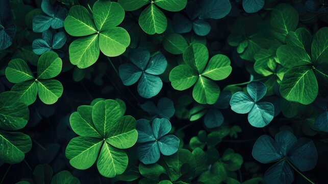 Fototapeta Lush green clover leaves pattern, nature background with vibrant color for St. Patrick's Day or spring themes.
