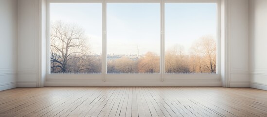 A white-painted room with a light wooden floor and a large aluminum window overlooking an urban park. The room appears spacious and unoccupied, with sunlight pouring in through the open window.
