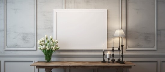 A wooden table is adorned with a colorful vase of fresh flowers and a mock-up poster frame in an interior setting.