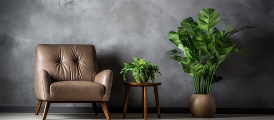 A stylish living room in loft style featuring a gray textured plaster wall and untreated wood paneling. A comfortable leather armchair is placed beside a potted ornamental plant.