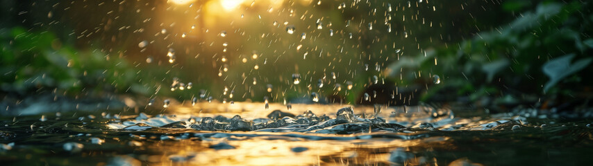 Sunset Rain: Droplets on Water Surface