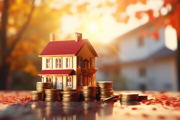 House model on top of stack of money on blurred background. Home for sale or for rent. Real estate and investment property. Residential finance economy. Saving money concept