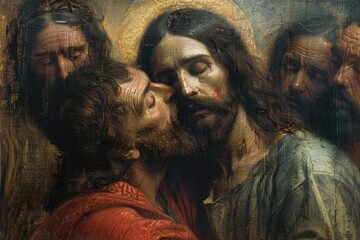 The kiss of judas: dramatic portrayal captures biblical betrayal, tension, and conflict as judas iscariot betrays jesus with a kiss, symbolizing spiritual depth and iconic christian symbolism