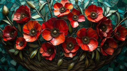 Stained glass window with red poppies in a basket.