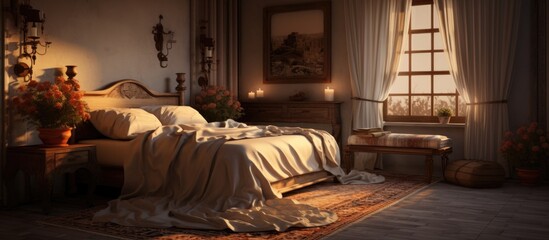 A simple bed is positioned to the side in a bedroom, placed next to a window that allows natural light to filter in. The room appears neat and organized,