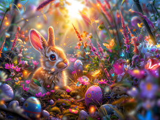 Fototapeta na wymiar Easter Bunny Decorated Eggs Adorable Rabbit Spring Sale Promotion Event