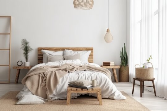Isolated image of a bedroom featuring a white bed, fluffy pillows, and a wooden bedside table. Timeless elegance for a restful space.